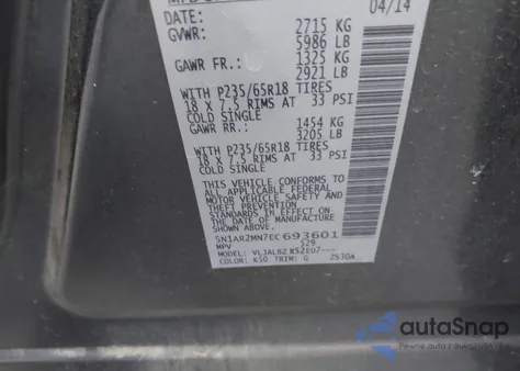 2014 Nissan Pathfinder S z USA, uszkodzony, nr VIN 5N1AR2MN7EC693601